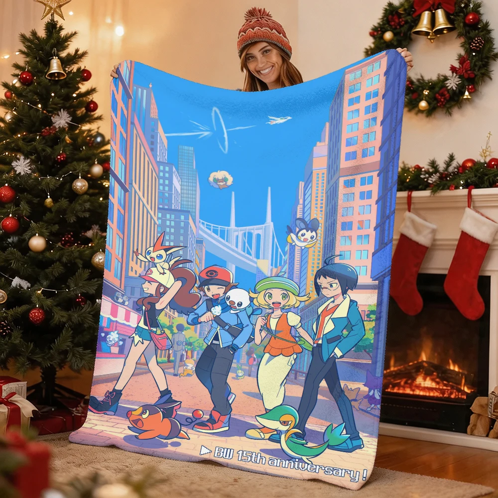 Pokemon BW Hilda Hilbert Snivy Tepig Oshawott Flannel Throw Blanket Soft Warm Sofa Bed Blanket Home Decor Gift for Kids Adults