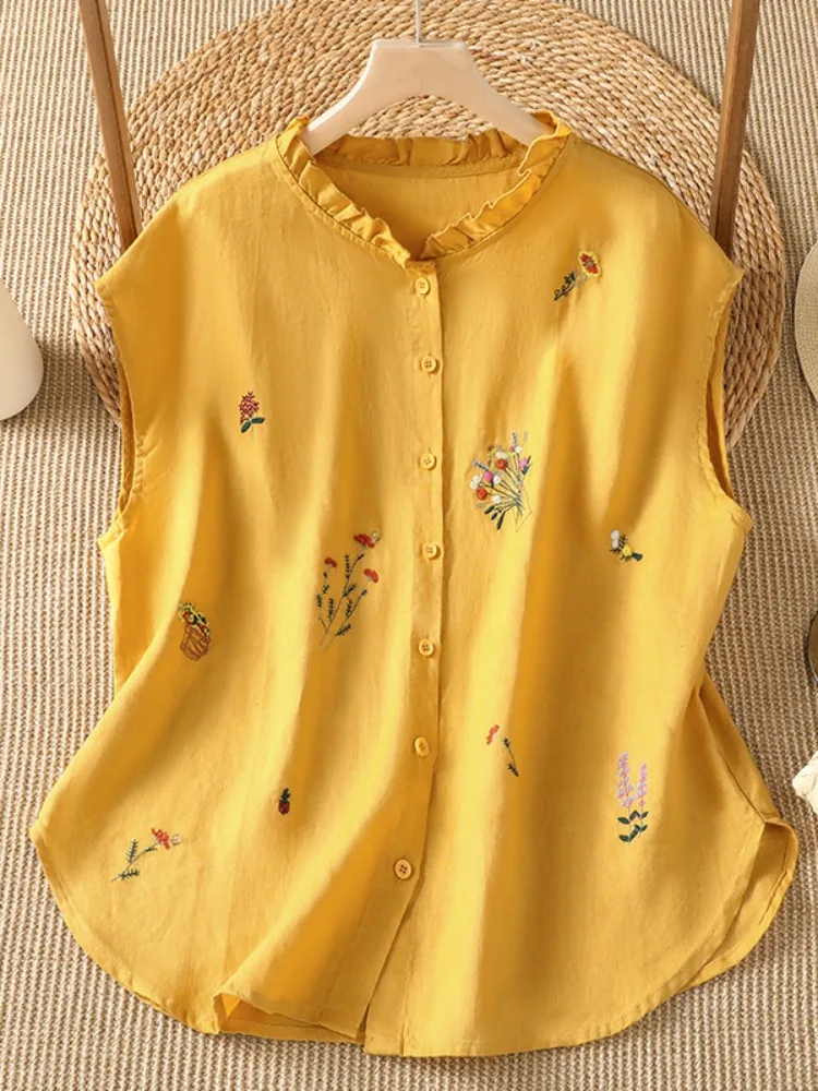 Retro Embroidered Cotton Linen Shirt Women Summer Large Size Lightweight Outerwear Commute Anti-aging Lace Collar Top