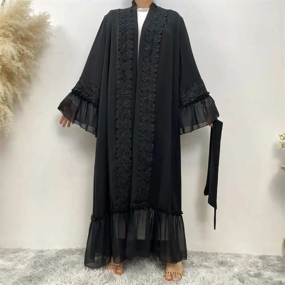 

Dubai New Black Flower Embroidery Lace-up Muslim Cardigan Robe 1963 Long Dress Robe Abaya Ramadan Dubai Luxury Islam Elegant