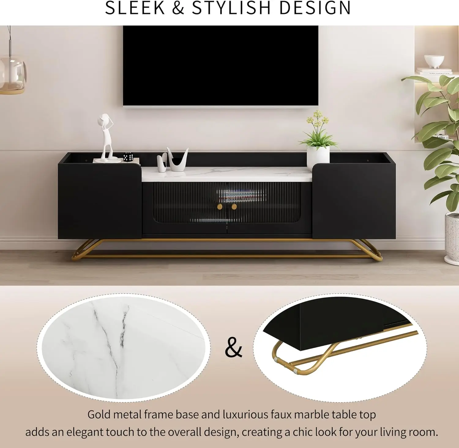 Design elegante TV Stand com vidro caneladas, centro de entretenimento contemporâneo para TVs de até 70 ", topo de mármore falso, mesa console