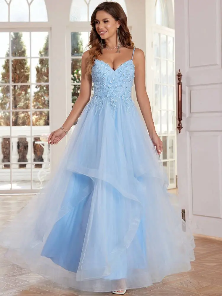 Tulle Prom Dresses For Teens V Neck Appliques Asymmetric Spaghetti Straps Ball Gown Beaded Evening Gowns For Women Formal