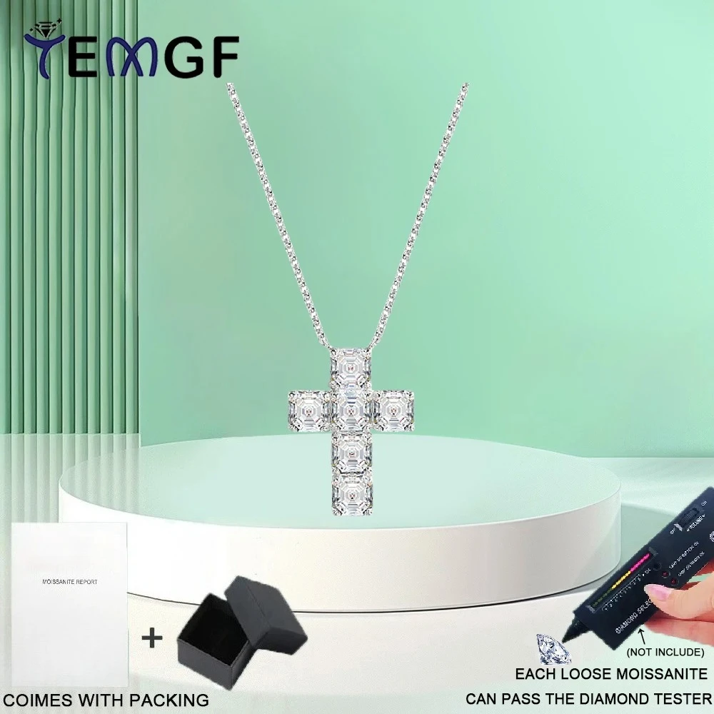 

TEMGF Asscher Cut Moissanite/Zircon Necklace Unique Cross Design S925 Sterling Silver for Women Fashion Sparkling Fine Jewelry