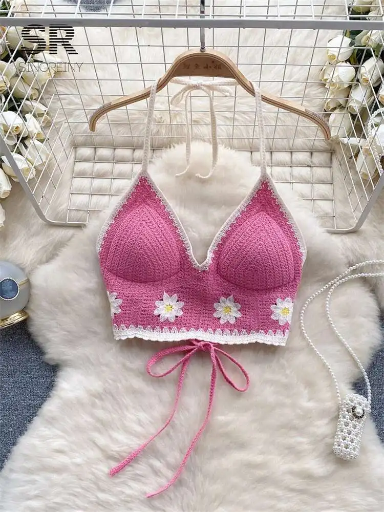 

BabYoung Floral Hook Knit Camisole Women Elegant Fashion 2024 Vacation Ladies Backless Summer Bikini Sexy Beach Bra