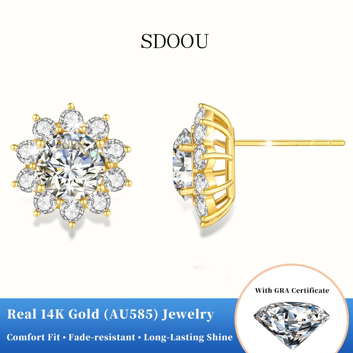 

SDOOU 1CT Moissanite Diamond Flower Stud Earrings for Women Real 14k Gold Earring With Certificate Daily Wear Party Fine Jewelry