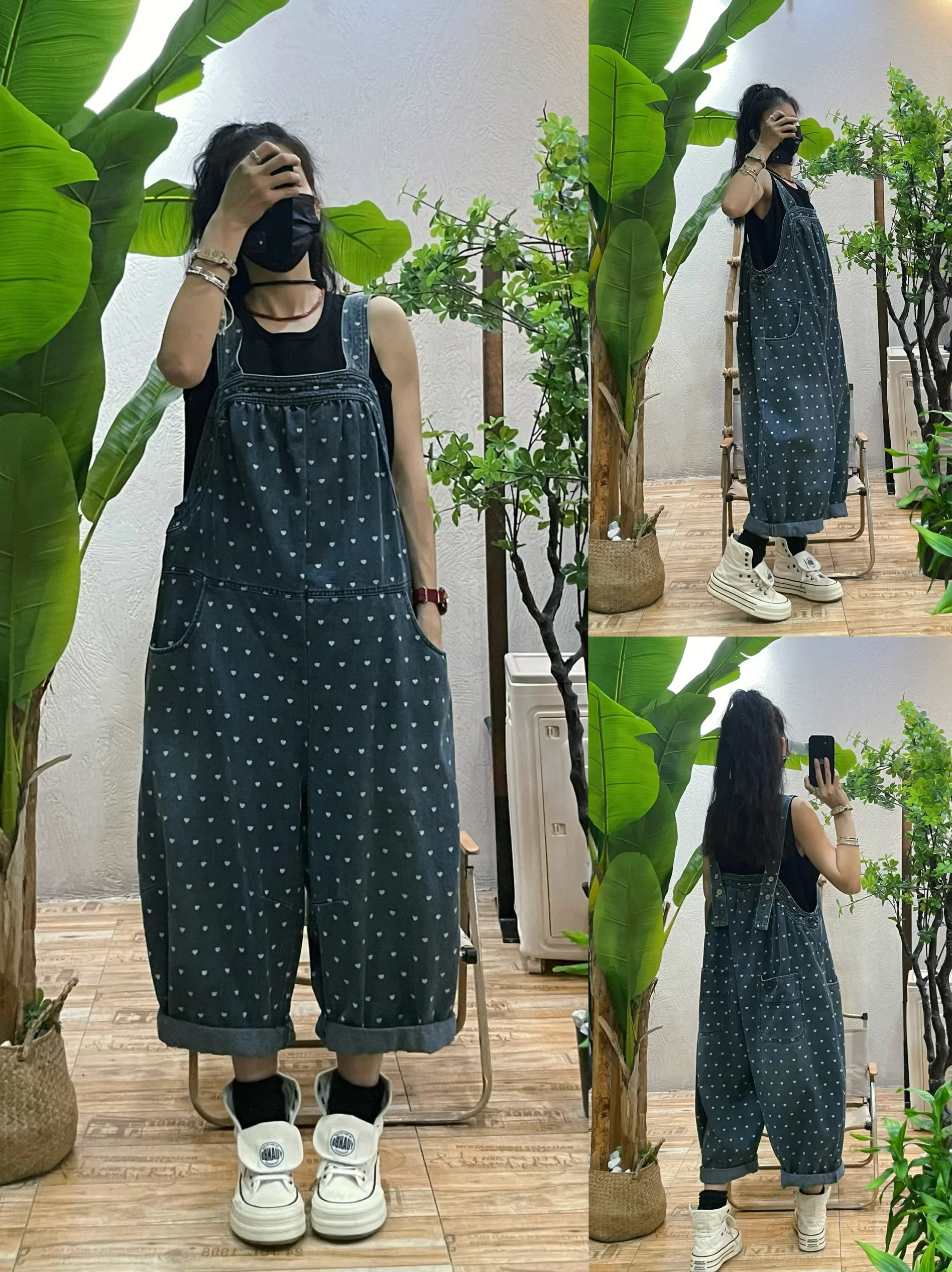 

Korean Style Small Heart Print Denim Overalls Women's Retro Casual Anti-Aging Slimming Loose Wide Leg Nine Point Pants