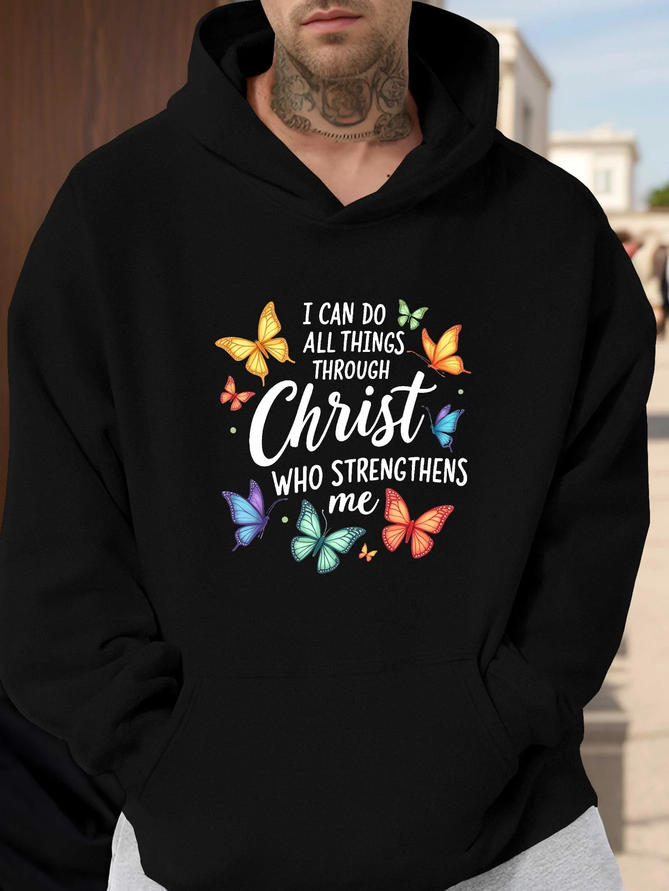 

Plus Size Men's Christian Inspired Hoodie - "With the Lord I Can Do Anything" Butterfly Pattern, Black Loose Casual Pullover
