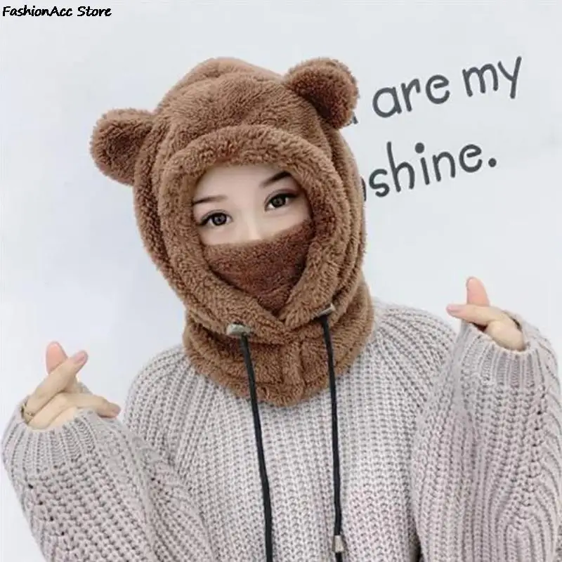 Cute Winter Earflaps Plush Bear Ears Hats adult Warm Mask for Outdoor Women Bonnet Hood