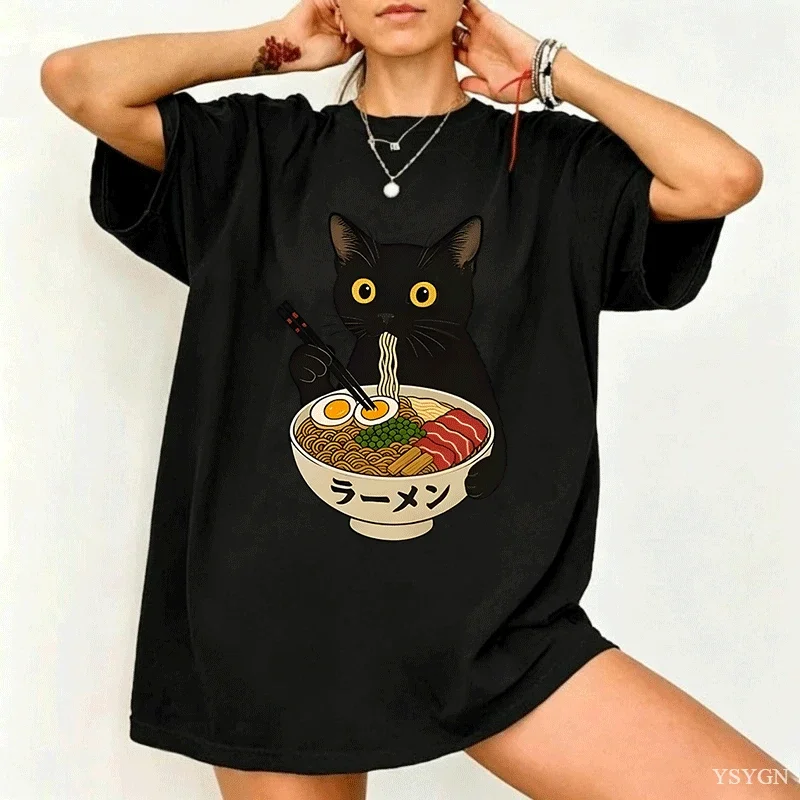 Ramen Noodle Black Cat T Shirt Foodie Lover Meme Top Cool T Shirt Casual Short Sleeve Round Neck Tshirt Streetwear Clothes