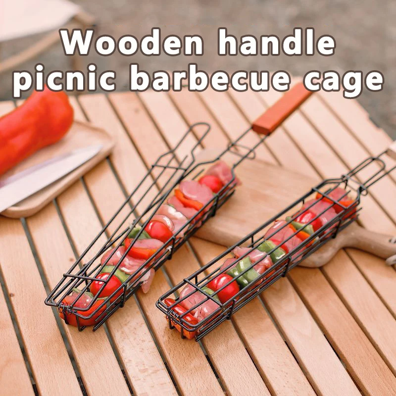 Outdoor Wooden Handle Barbecue Cage Picnic Barbecue Tools Camping Meat Vegetable Barbecue Net Rack