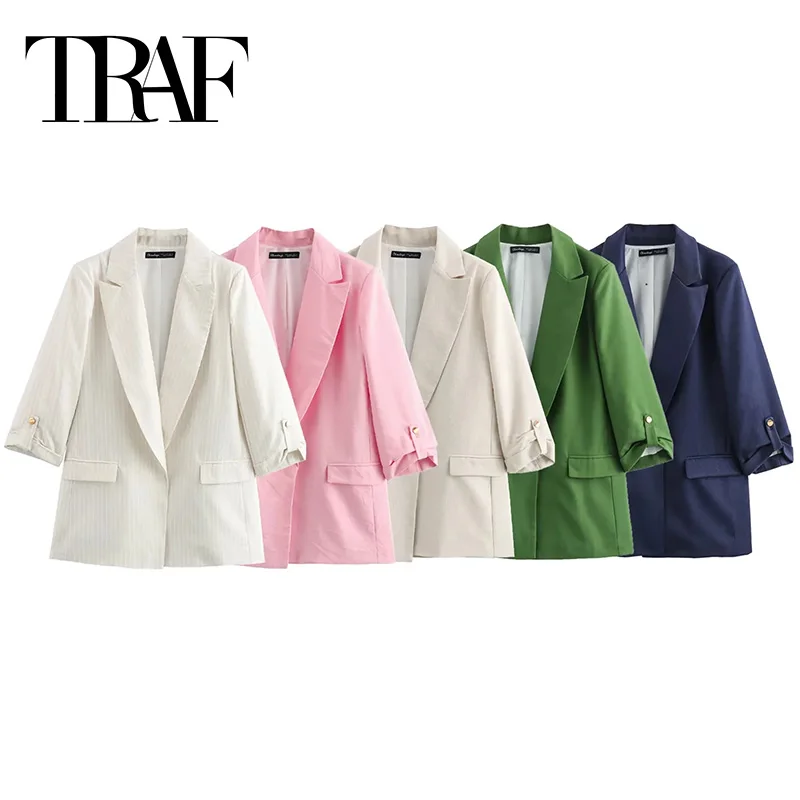 TRAF Women\'s Blazers Jacket White Pink Blazer Woman Turn Up Sleeve Office Jackets Woman Summer 2024 Green Elegant Woman Coat