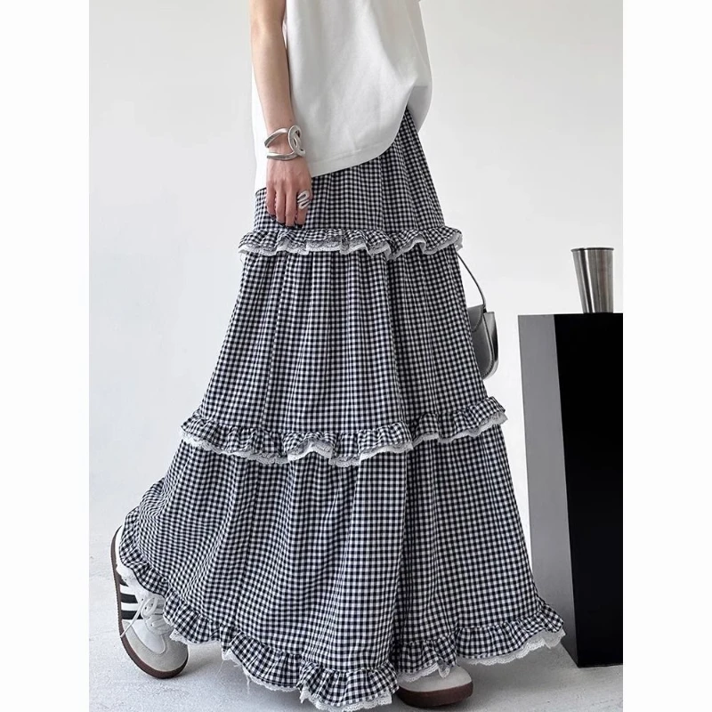 

Plaid Women Skirts High Waist A-line Loose Jupe Vintage Summer Saia 2025 Faldas Mujer De Moda Ruffles Patchwork Lace Long Skirt