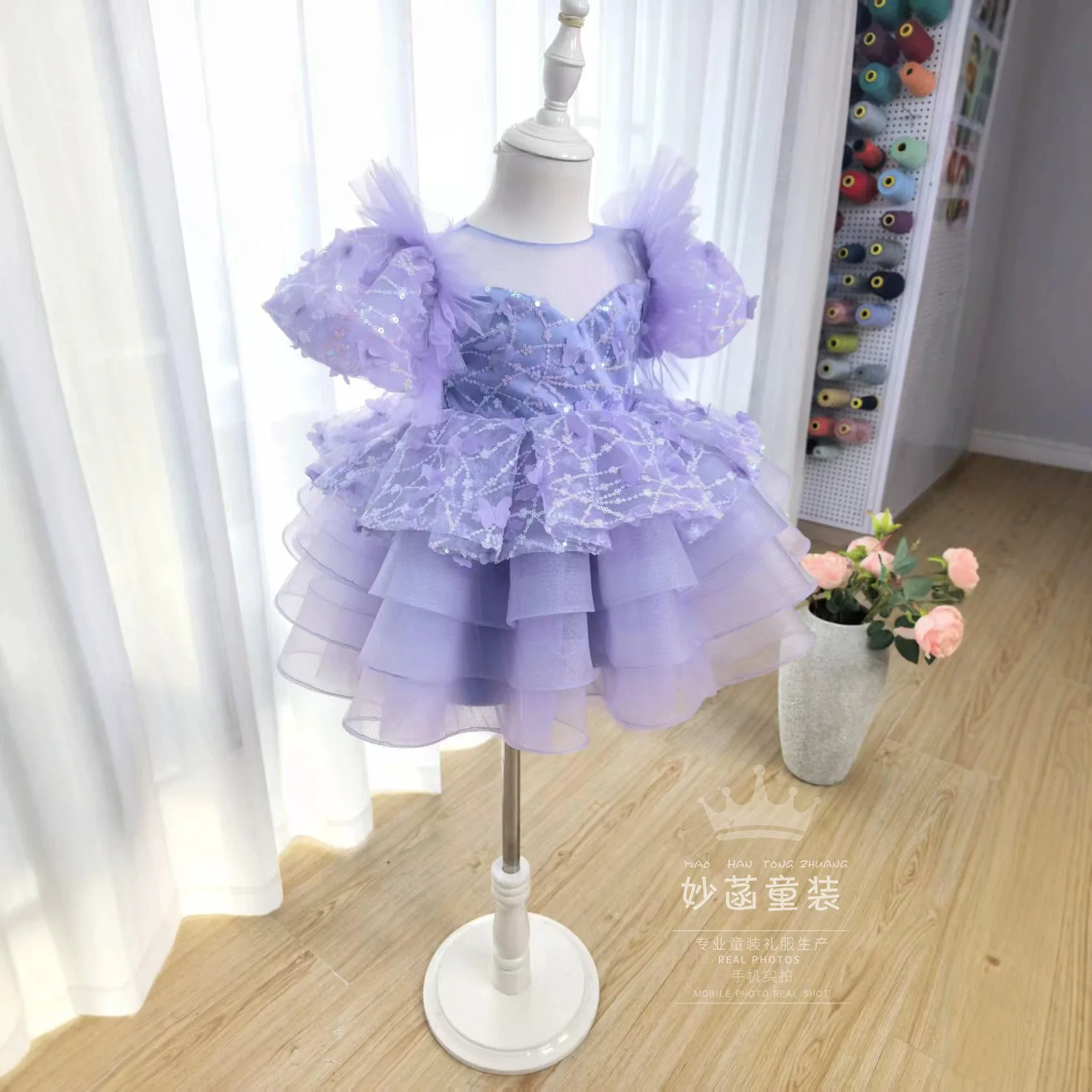 Girls' Princess Dress Fairy Purple Children's Dress Birthday Fashion Western Style Flower Children's Poncho Dress Sweet Cute