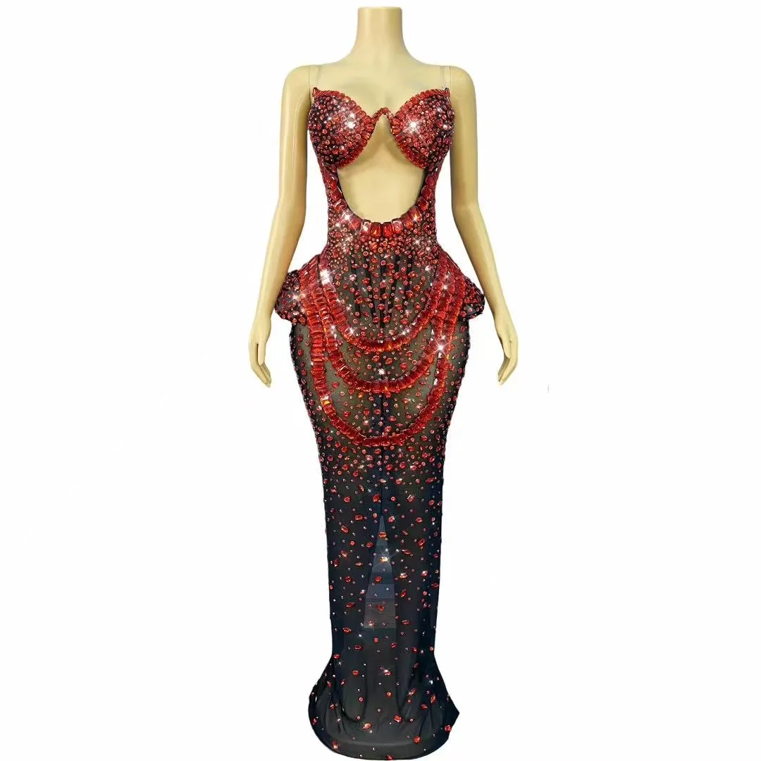 Robe longue en strass scintillants pour femmes, maille Sexy transparente, robe de soirée d'anniversaire, vêtements de séance photo