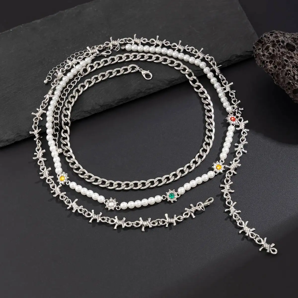 

SHIXIN 3 Pcs/Set Gothic Multi Layer Metal Chain Necklace for Men Hip Hop Imitation Pearl Beads Choker Necklace Trendy Jewelry
