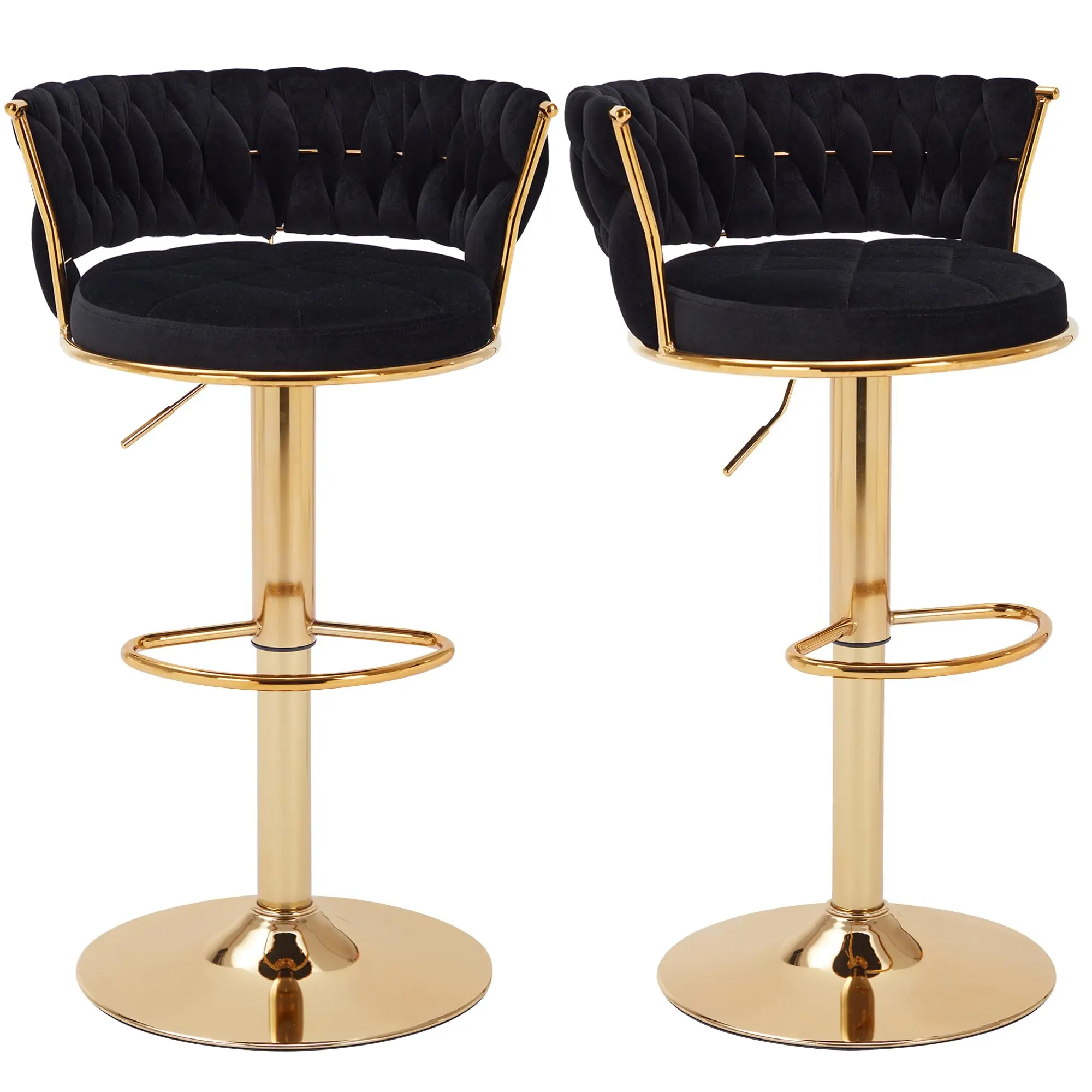 

Bar Stools Set of 2, Adjustable Swivel with Back & Arm Velvet Black Gold