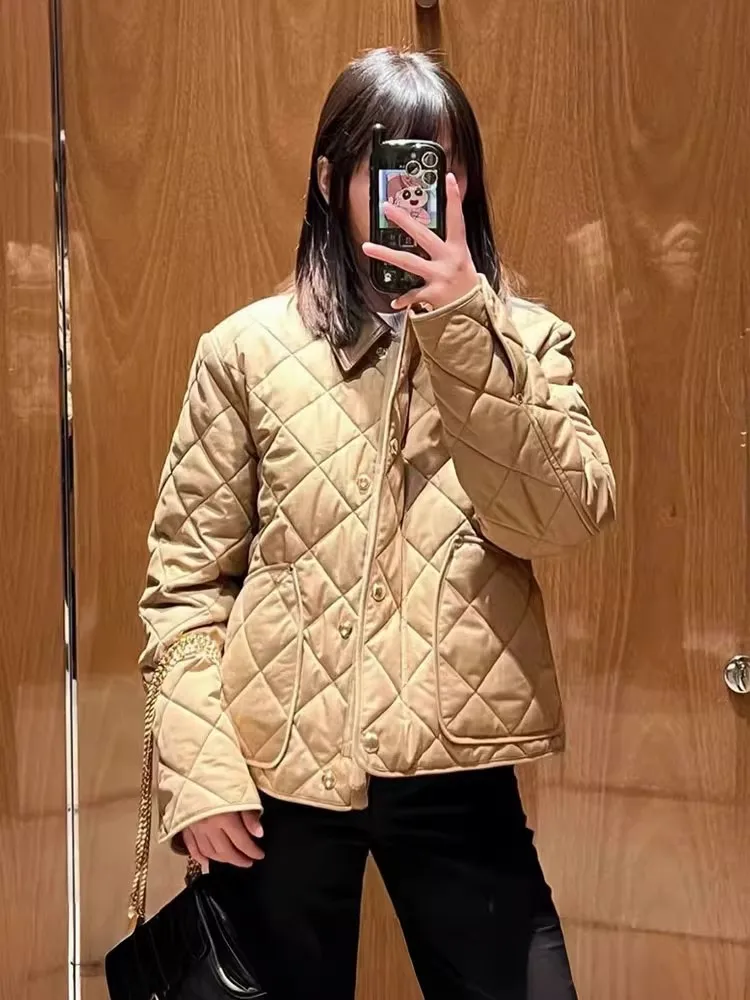

Classic Short Cotton Jacket Women's Style EXJR Autumn Winter Quilted Leather Collar Coat Straight Cut Long Sleeve Color