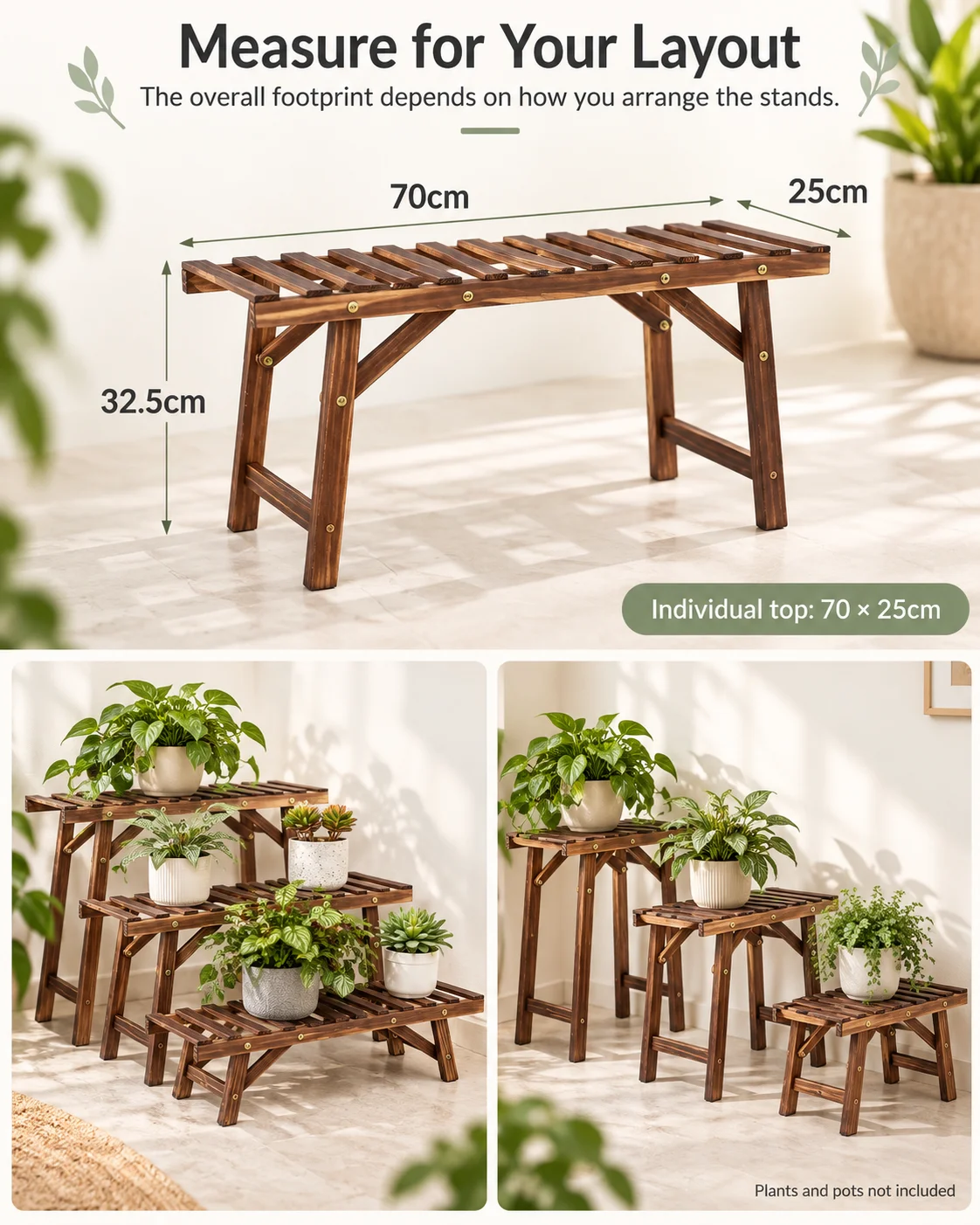 3 Pack Wooden Plant Stands Pine Wood Plant Shelf Set 70cm Wide Freestanding Flower Pot Display for Living Room Balcony