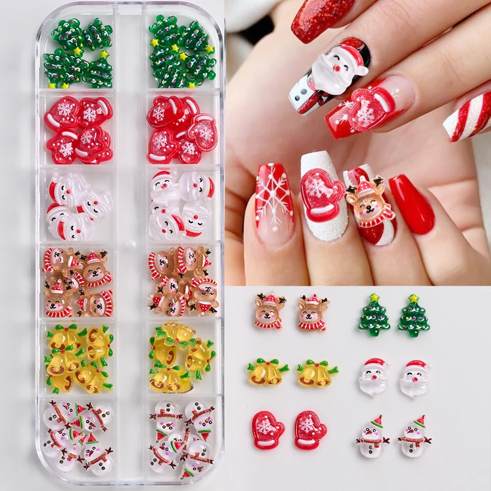 12 شبكة ثلاثية الأبعاد الراتنج عيد الميلاد مسمار الفن سحر لطيف ثلج قفازات حمراء جرس مسمار مهرجان اكسسوارات الكرتون سانتا كلوز مسمار ديكو #1