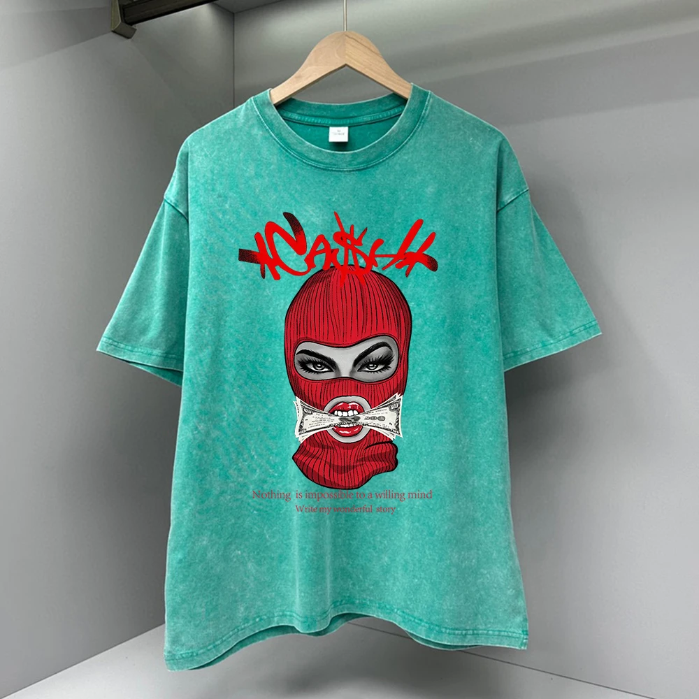 Red Masked Female Robber Printed Mens Tshirt Casual Cotton Summer Oversized Clothes Breathable Tops Loose Fashion T-Shirt