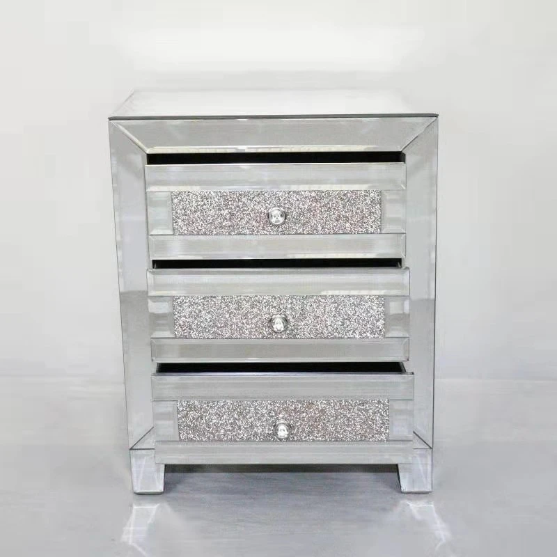 ^tLuxury Modern Solid Wood Eco-Friendly Silver Bedside Table 3 Drawers Diamond-Patterned Mirrored Design for Bedrooms Hotel*