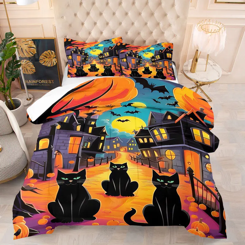 Halloween Spooky Comforter Set Retro Car Spider Castle Pumpkin Skull Print Bedding Set Fashion Cozy Quilt Set Bedroom Decor Gift