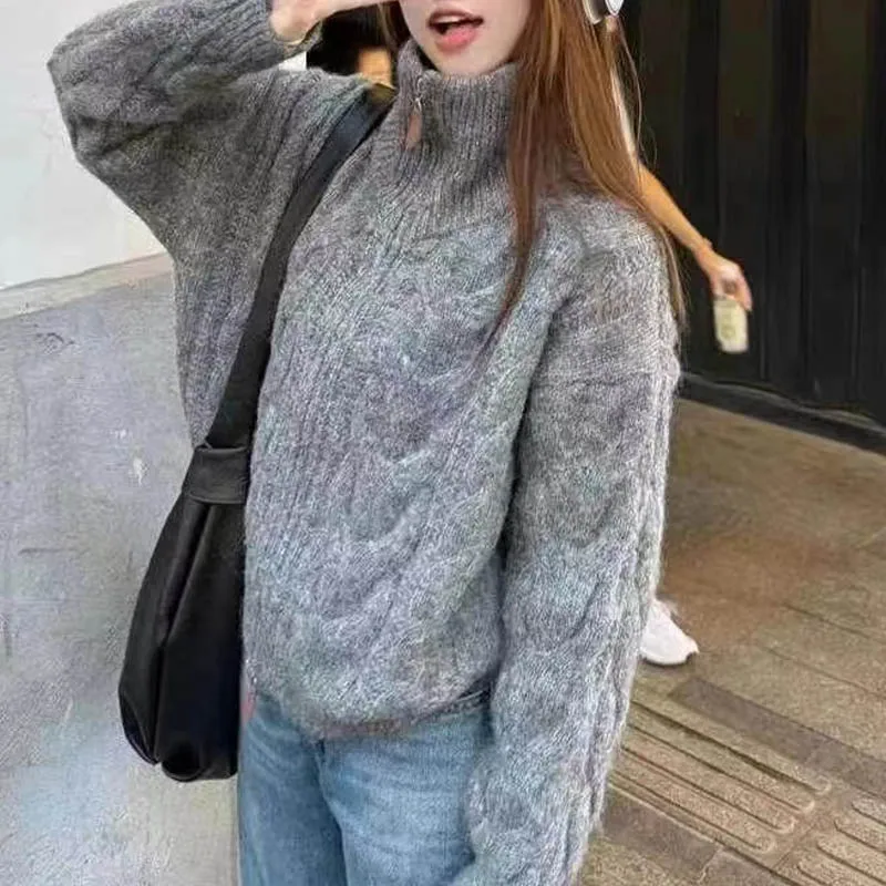 Atmosfera retrò pigra, cardigan lavorato a maglia da donna con doppia cerniera, ampio e sottile in autunno, dolce top corto a maniche lunghe 12