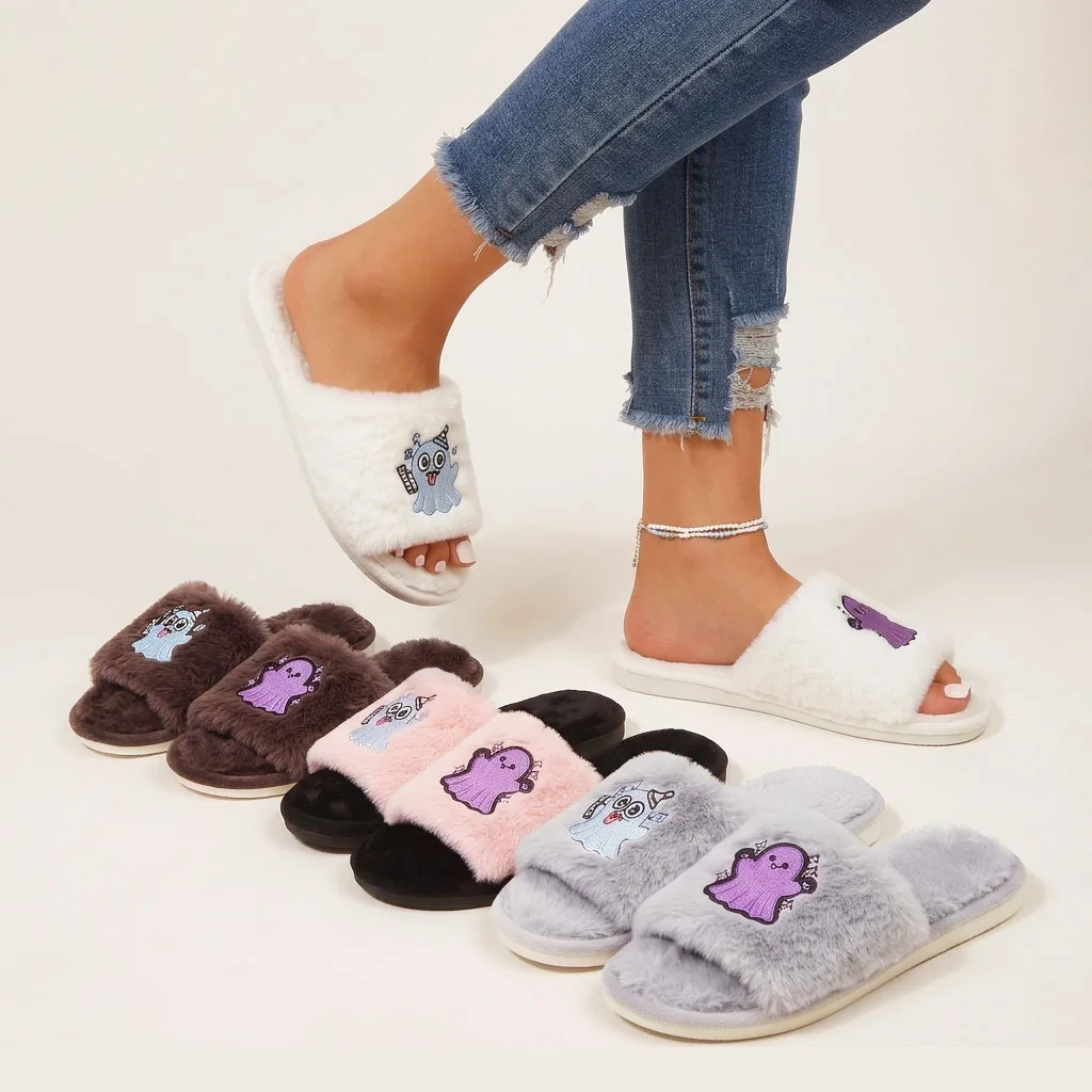 Women's Halloween Slippers Cute Ghost Embroidery Fluffy Plush Open Toe Cozy Lightweight Flat Heel Indoor Home Shoes