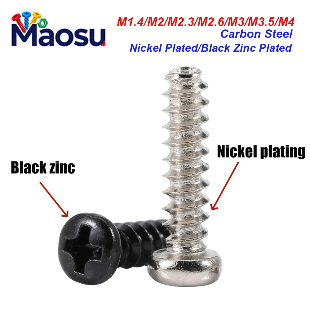 Maosu 50 piezas Mini tornillos autorroscantes de cabeza Phillips redonda y plana, tornillos pequeños de cabeza Phillips tipo pan, niquelado/zinc negro