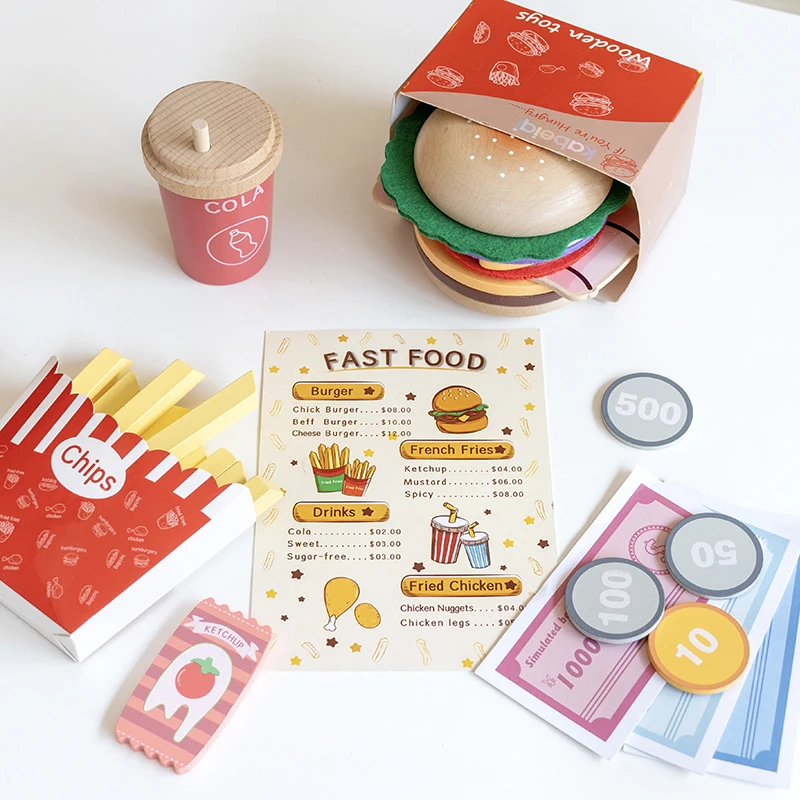ชุดของเล่นอาหารฟาสต์ฟู้ดแฮมเบอร์เกอร์ไม้ - เหมาะสำหรับเด็กเล่นบทบาทสมมติในครัว ฝึกทักษะการเคลื่อนไหวอย่างละเอียด และการเล่นแบบสังคม