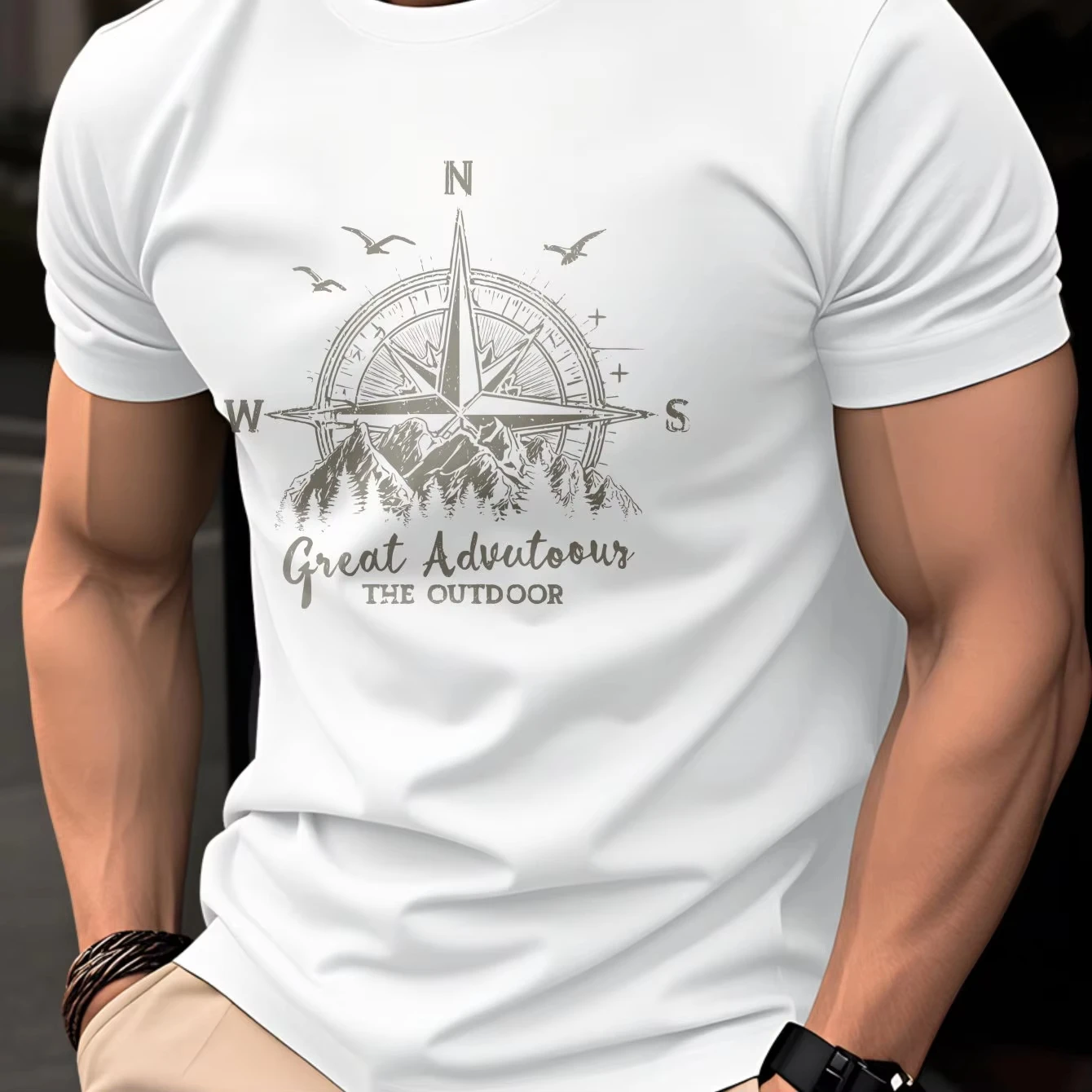 2026 Summer Men's Cotton Casual Fashionable Loose Retro Compass Mountain Pattern Printed Round N