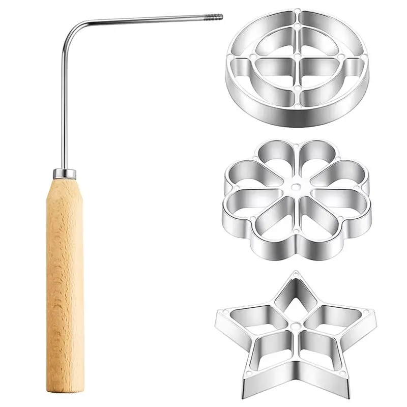 A20F-For Bunuelos Mold Set With Wooden Handles Aluminum Alloy Rosette Molds Set Reusable Non-Stick Bunuelos Cookie Maker Mold