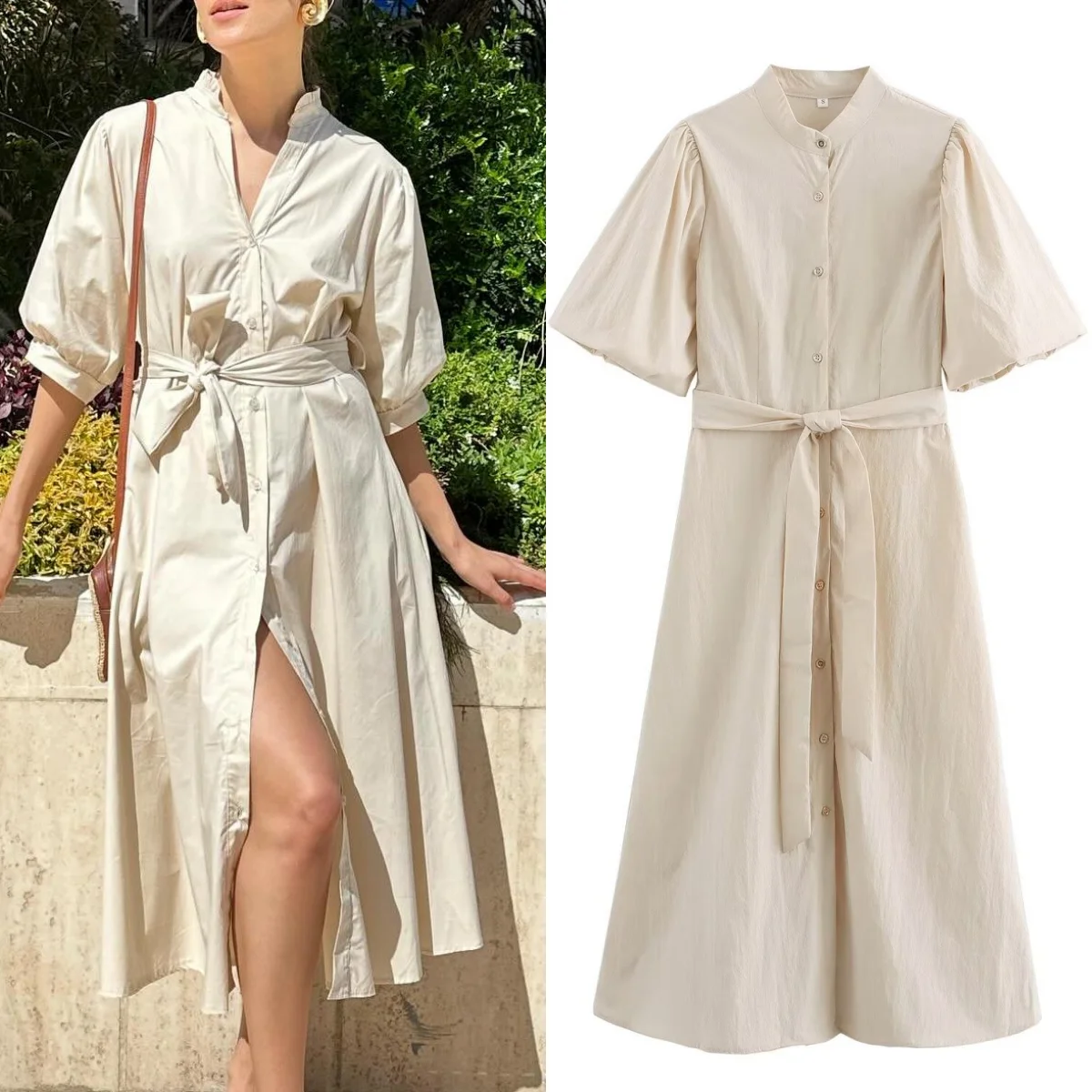  women's commuter style fashion bubble sleeve long shirt windbreaker lace dress robe 2024 summer new