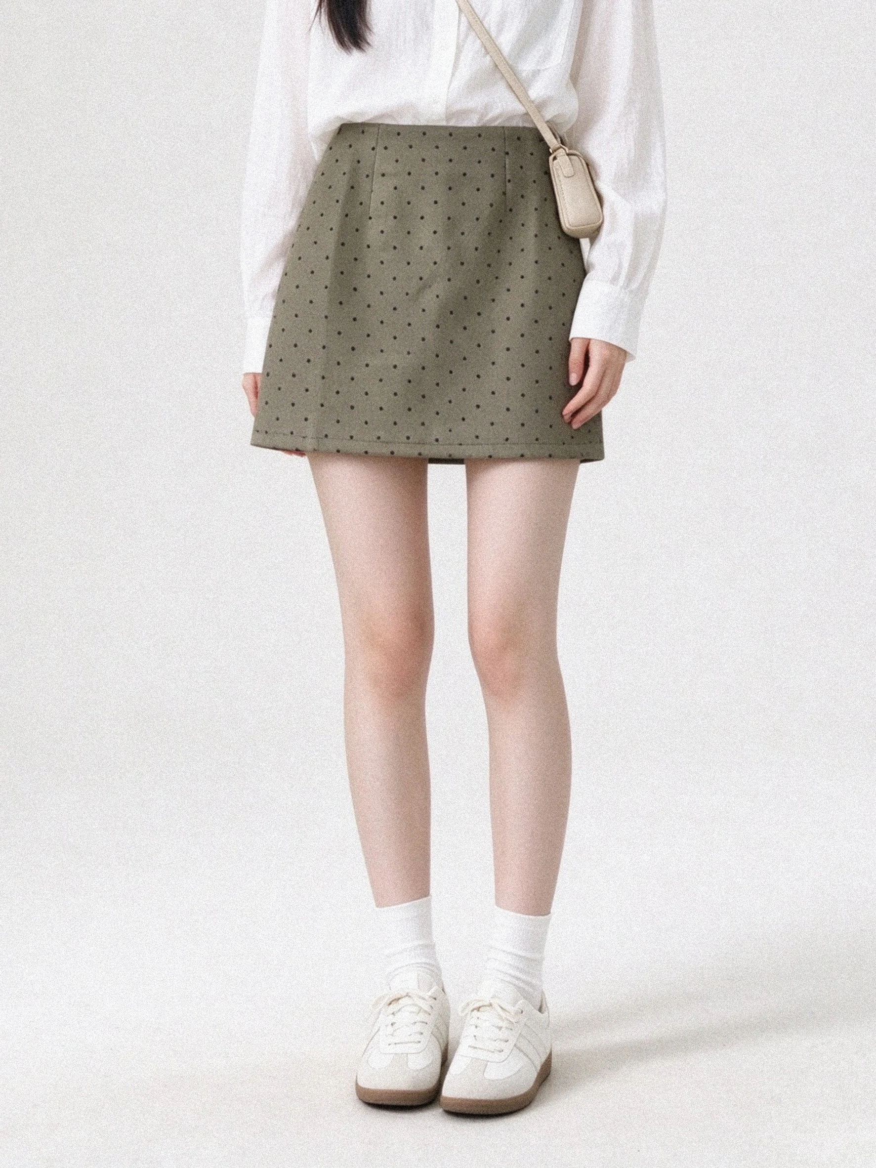 Retro Suede Polka Dot  Skirt A-Line Slimming Anti-Light Half-Length Skirt Versatile Low Waist Zipper Casual Style for Women