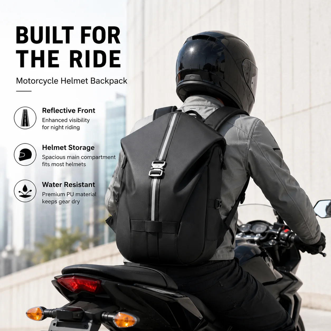 ALBERS Motorcycle Riding Backpack Large Capacity Helmet Carry Bag Reflective Water Resistant Travel Commuter Moto Daypack