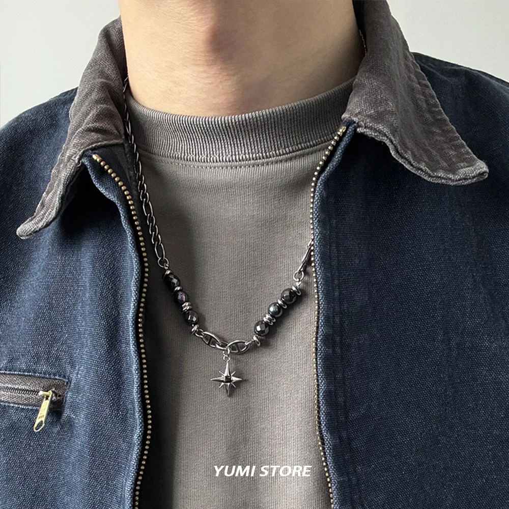Titanium Steel Obsidian Star Necklace for Man Punk Bead Clavicle Chain Luxury Pendant Jewelry Hip-hop Accessories Wholesale