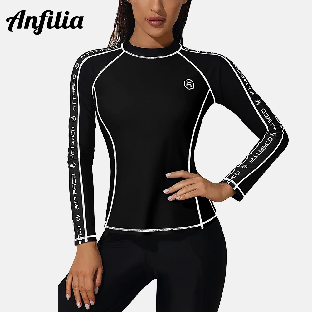 Anfilia Women Long Sleeve Rash Guard Shirts Swimwear Rash Guard Top Surf Top Close-fitting Shirt UPF 50+