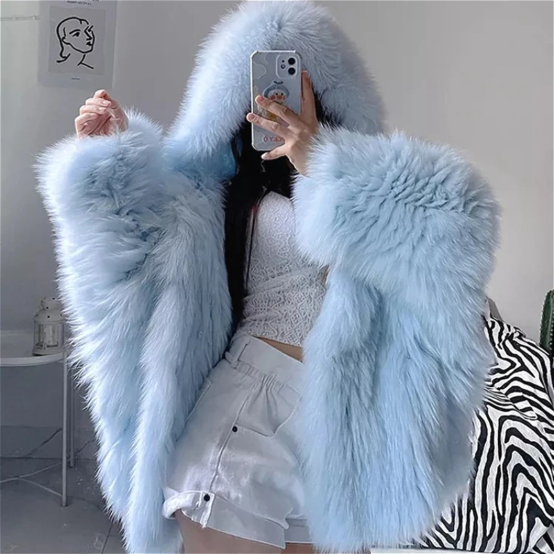 Faux Fox Fur Coats Women Fur Jackets Mid Length Blue Hooded Long Sleeves Thick Warm Fur Loose Fit Casual 2025 Autumn Winter