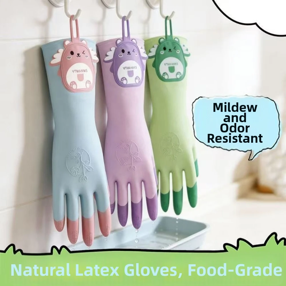 Non-Slip Dishwashing Gloves Tear-Resistant Hanging Household Gloves Cartoon Bear Reusable Kitchen Cleaning Gloves
