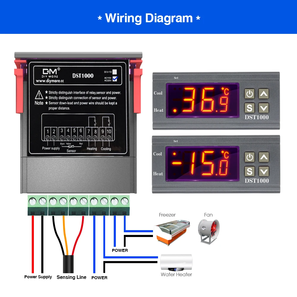 DST1000 AC 110V 220V DC 12-72V Digital Temperature Control Controller Thermostat DS18B20 Sensor Waterproof Replace STC-1000