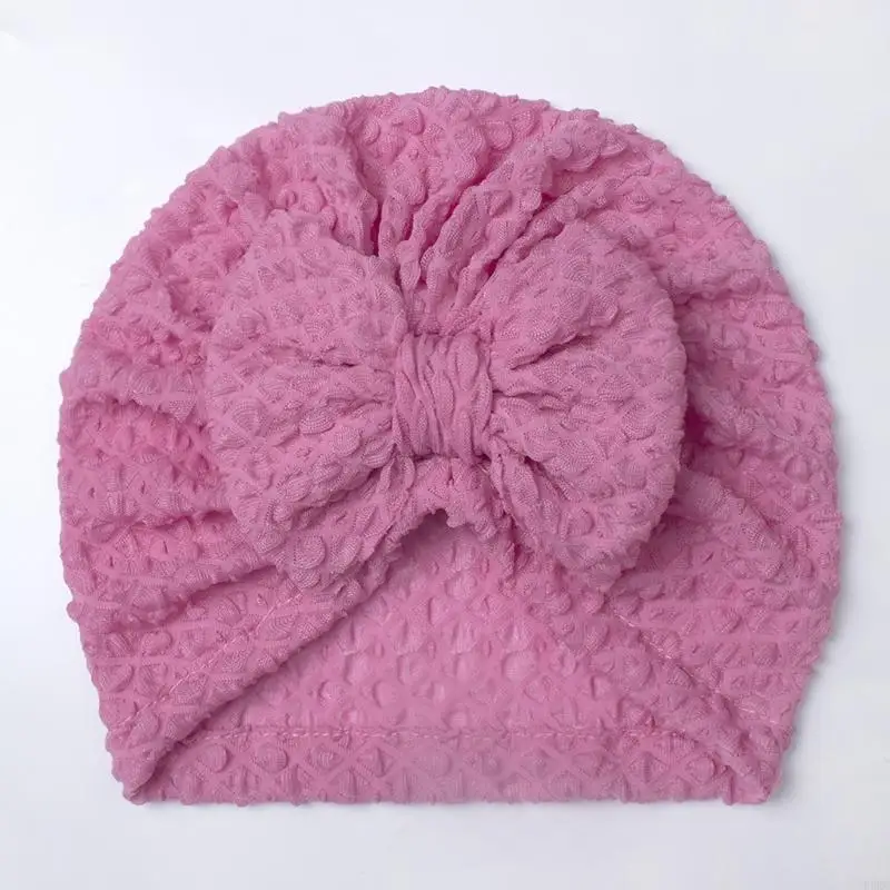 

F3KC Newborns Baby Turban Hat Elastic Headwrap Solid Infants Hospital Caps Bowknot Decors Bonnet for Family Gathering