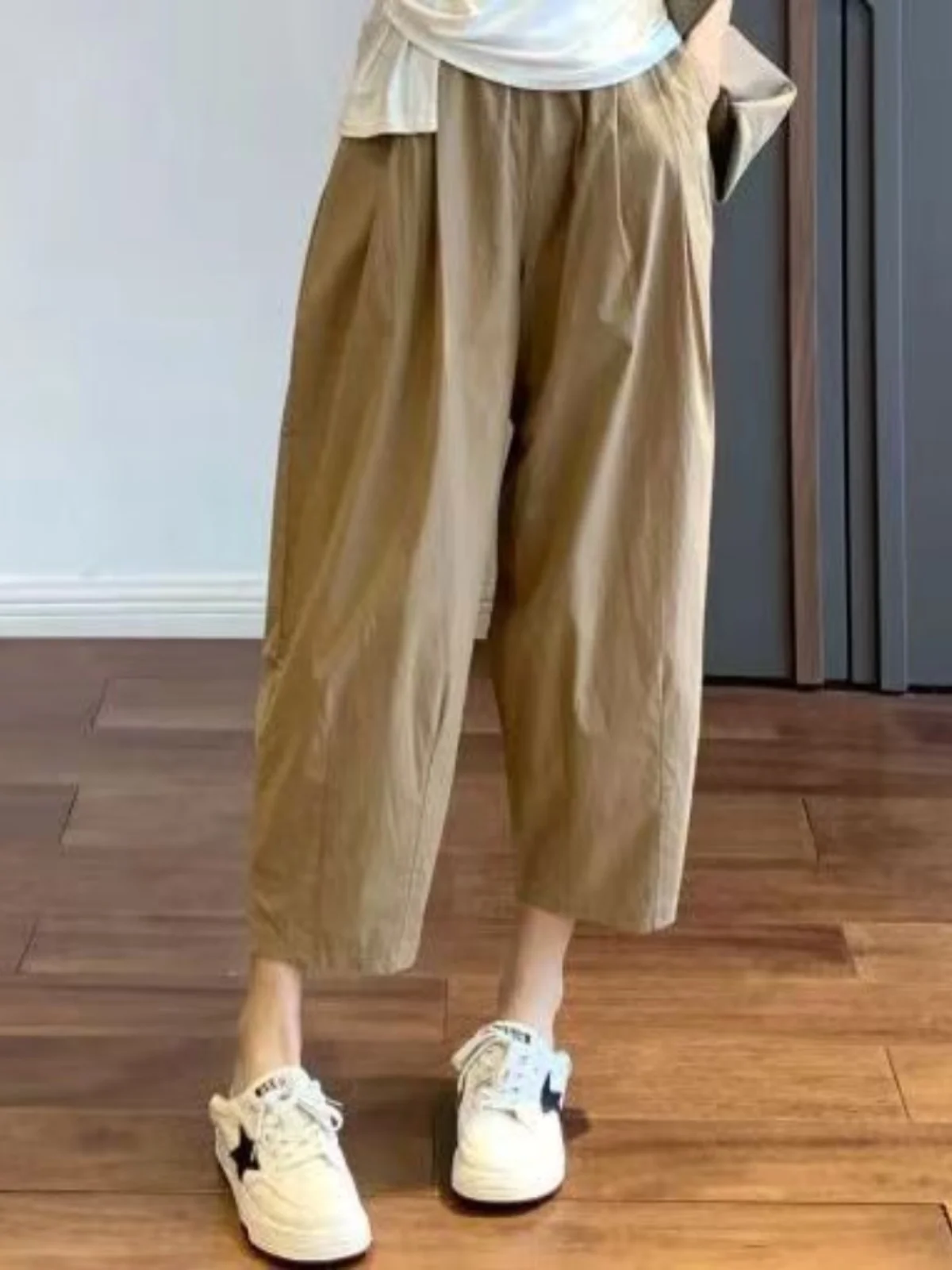 

Женские летние повседневные брюки Slim Fit с широкими штанинами, прямого кроя, укороченные (9 дюймов), в японском стиле, тонкие, свободные, для работы, маленький размер