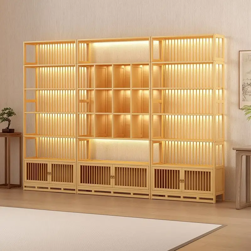 Chinese log color Bogu rack back strip display cabinet tea rack tea room background wall Wenwan rack Duobao Pavilion cabinet