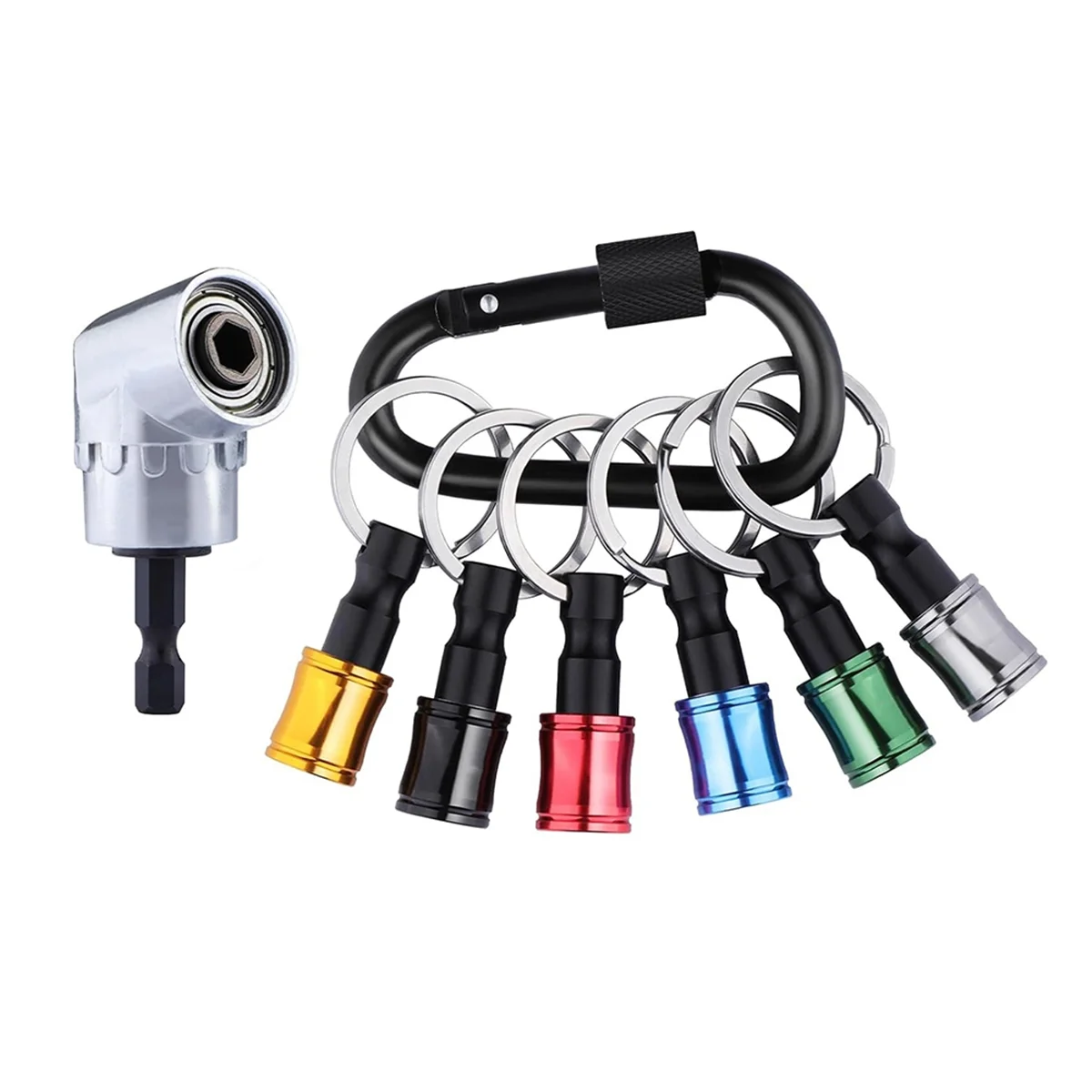 6Pcs Portable Bit Holder Keychain with 105° Multifunction Right Angle Drill,1/4Inch Screwdriver Bits Retainer Carabiner