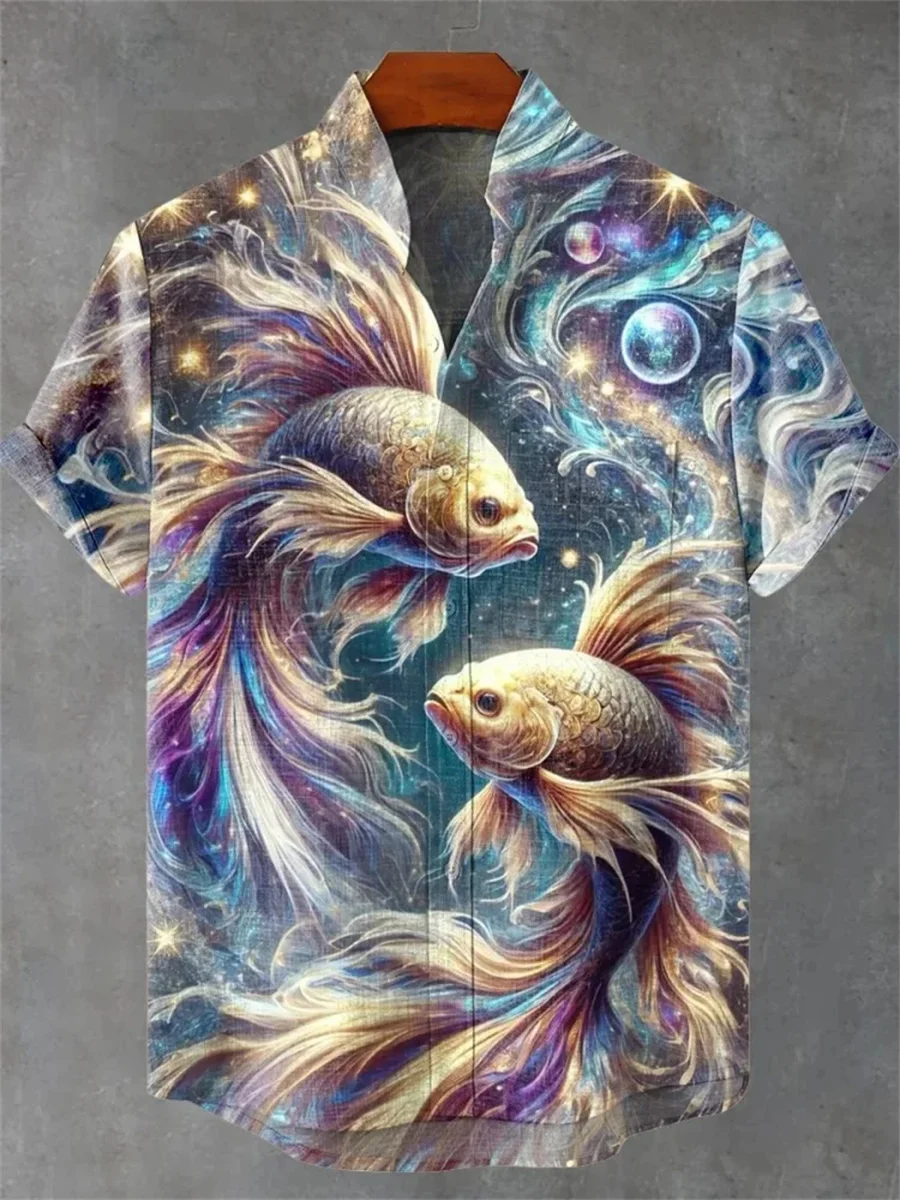 2025 new fashion short-sleeved shirt, made of comfortable and breathable fabric, new linen stand-up collar with fish print