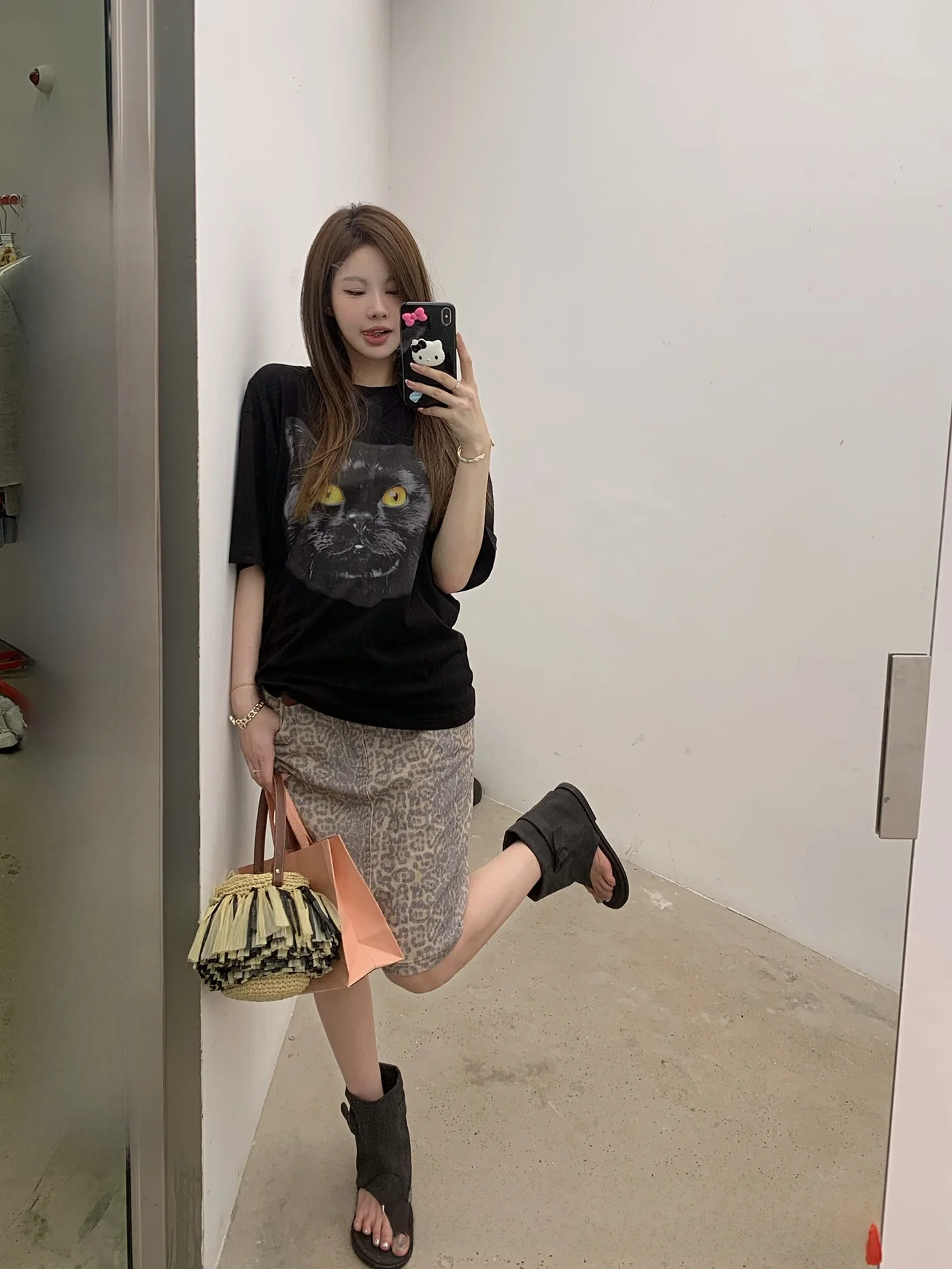 

Faionable Leopard Print Skirt Women's Casual High Waist Cotton Straight Cut Summer 2024 Slimming Age-Defng Sle