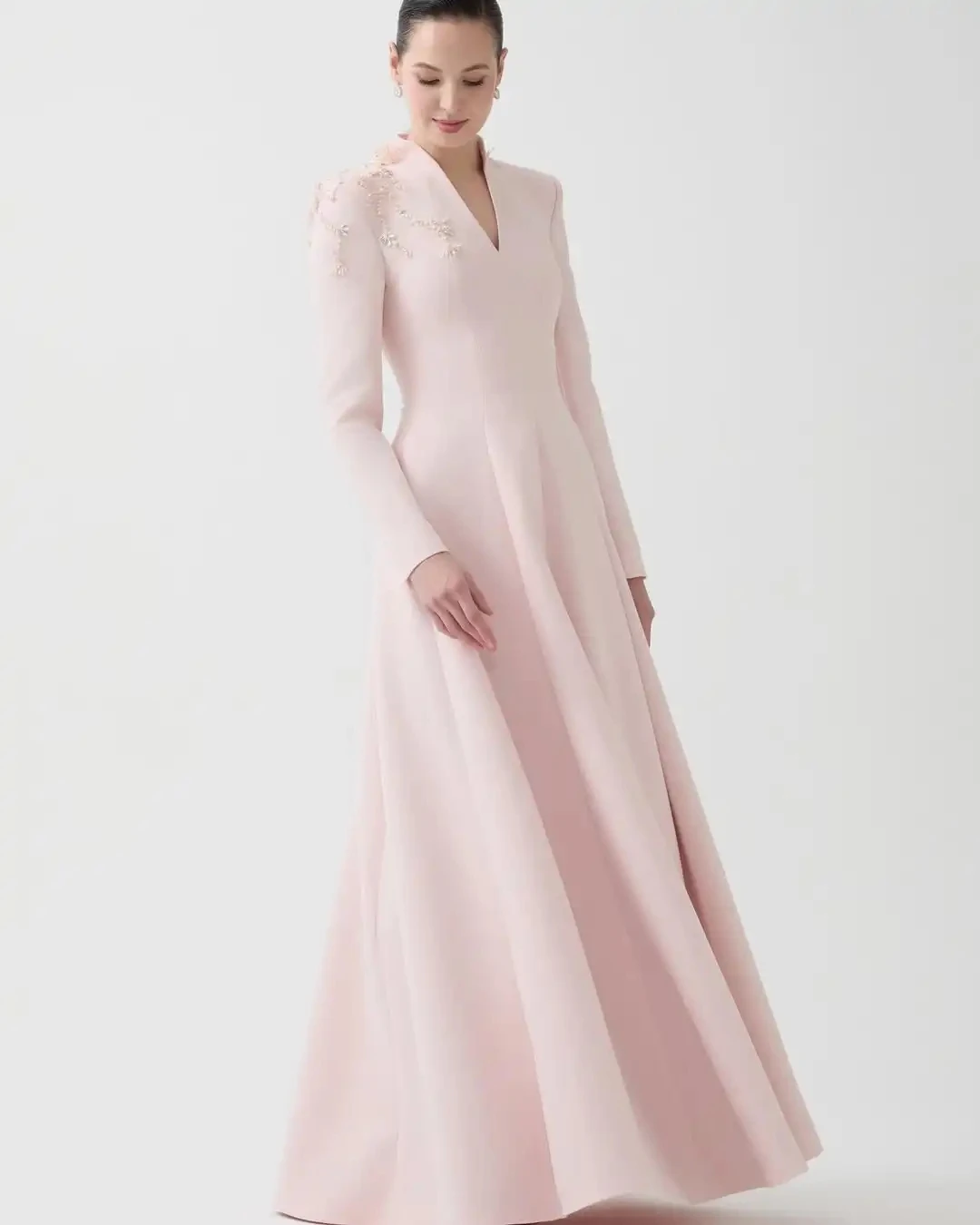 Ranmo Customized Long Sleeve V-Neck Structured Embellished Beaded Appliques Light Pink A Line Floor Length Formal Evening Dress