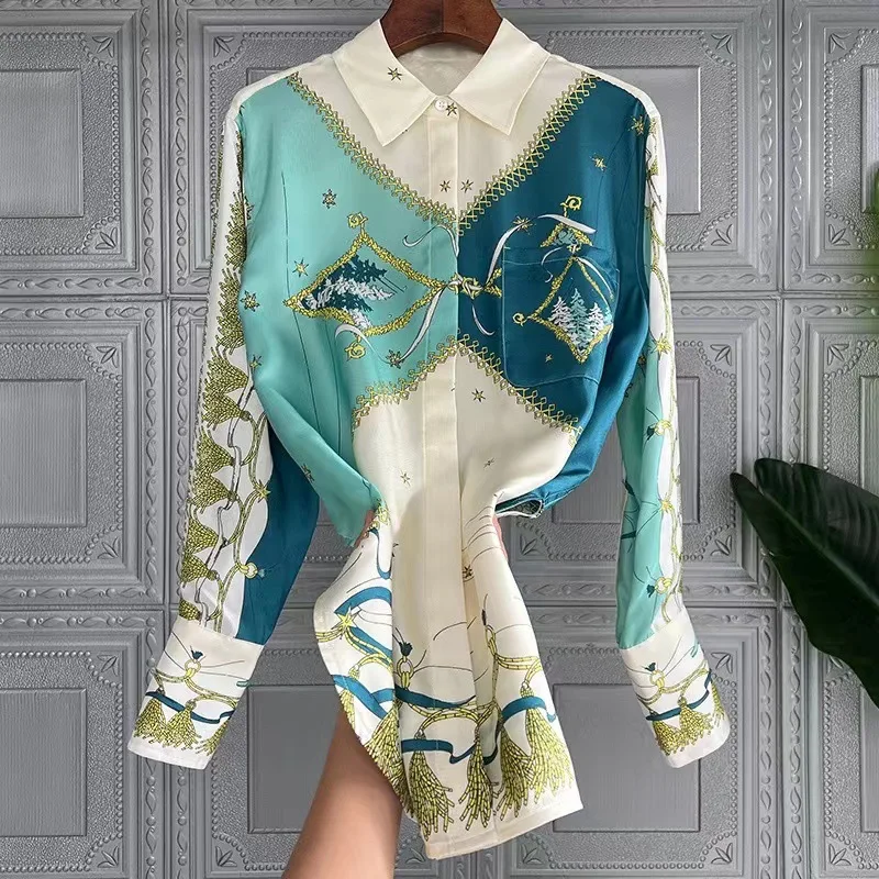 High Quality 2024 Spring New Unique Design Top Mulberry Silk Printed Shirt Flip Collar Single Breasted Women\'s Shirt Silk Luxury