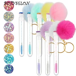 5pcs Gold Keychain Tube Eyelash Brush Eyebrow Comb Microbrush Lash Extension Micro Brushes Makeup Tool Fluffy Fur Ball Decorate