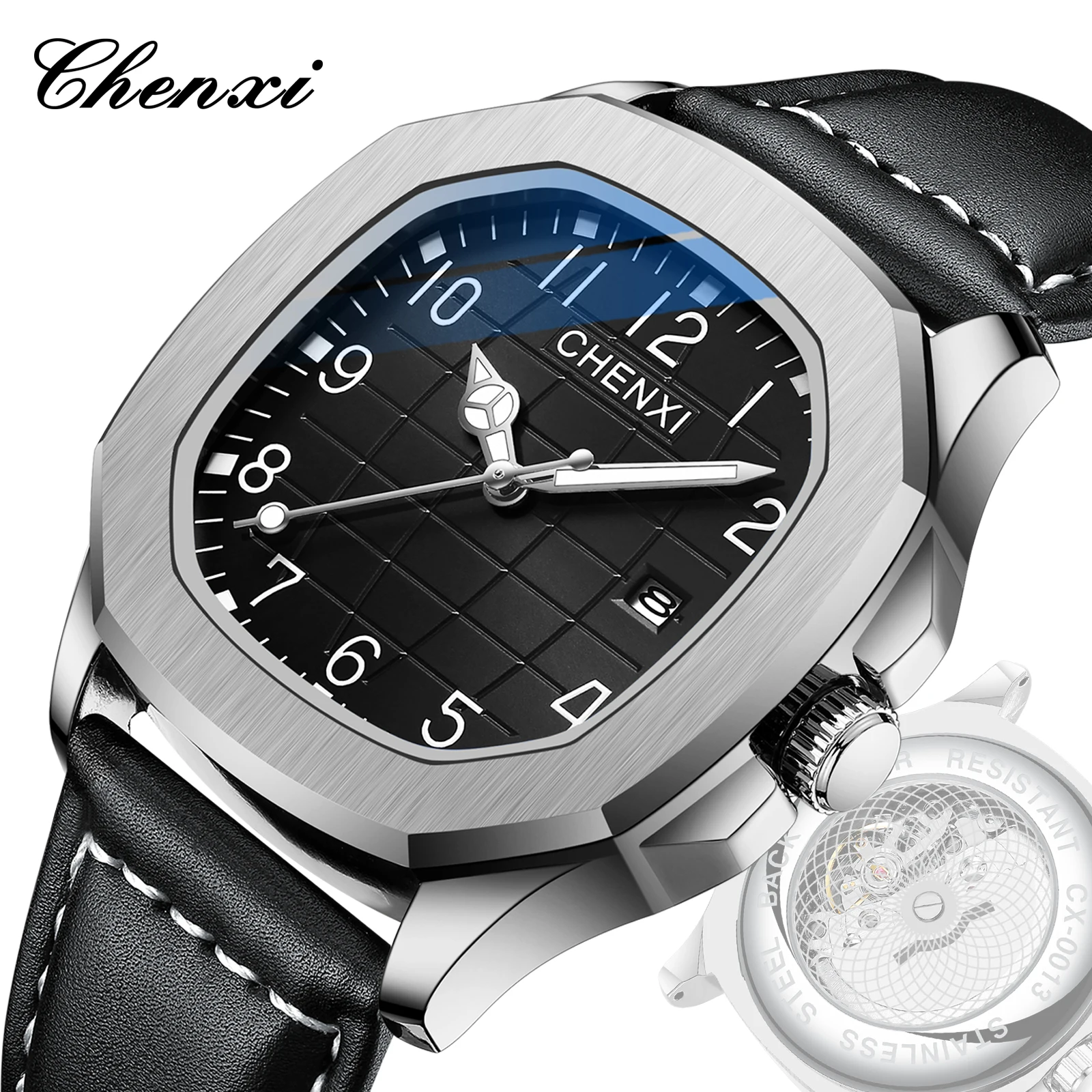 Reloj Chenxi 0013 para hombre, relojes deportivos de cuarzo con fondo transparente para hombre, reloj de pulsera de cuero resistente al agua, reloj Masculino