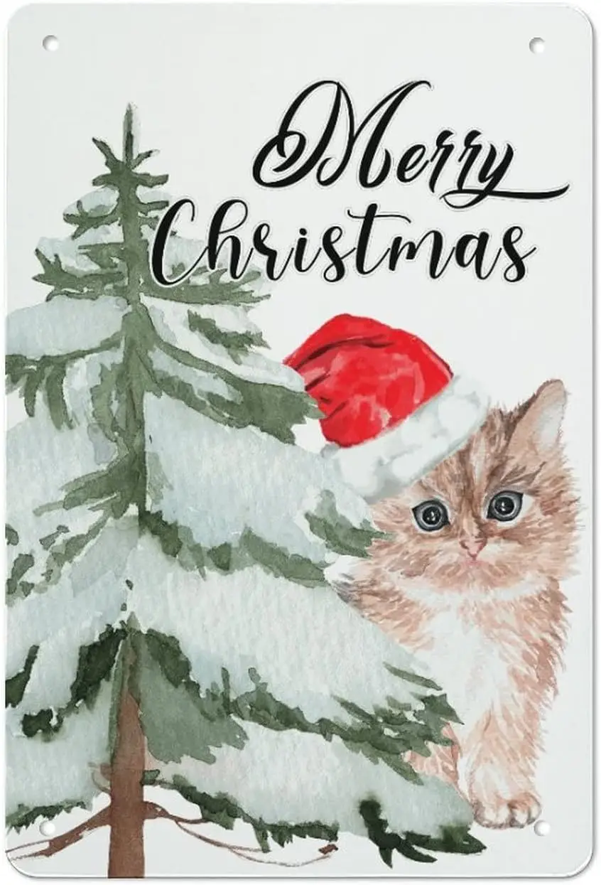 Christmas Meowy Christmas Cat with Red Hat Sign Winter Wreath Aluminum Tin Sign Xmas Winter Holiday Wall Plaque for Home Cafe Ba